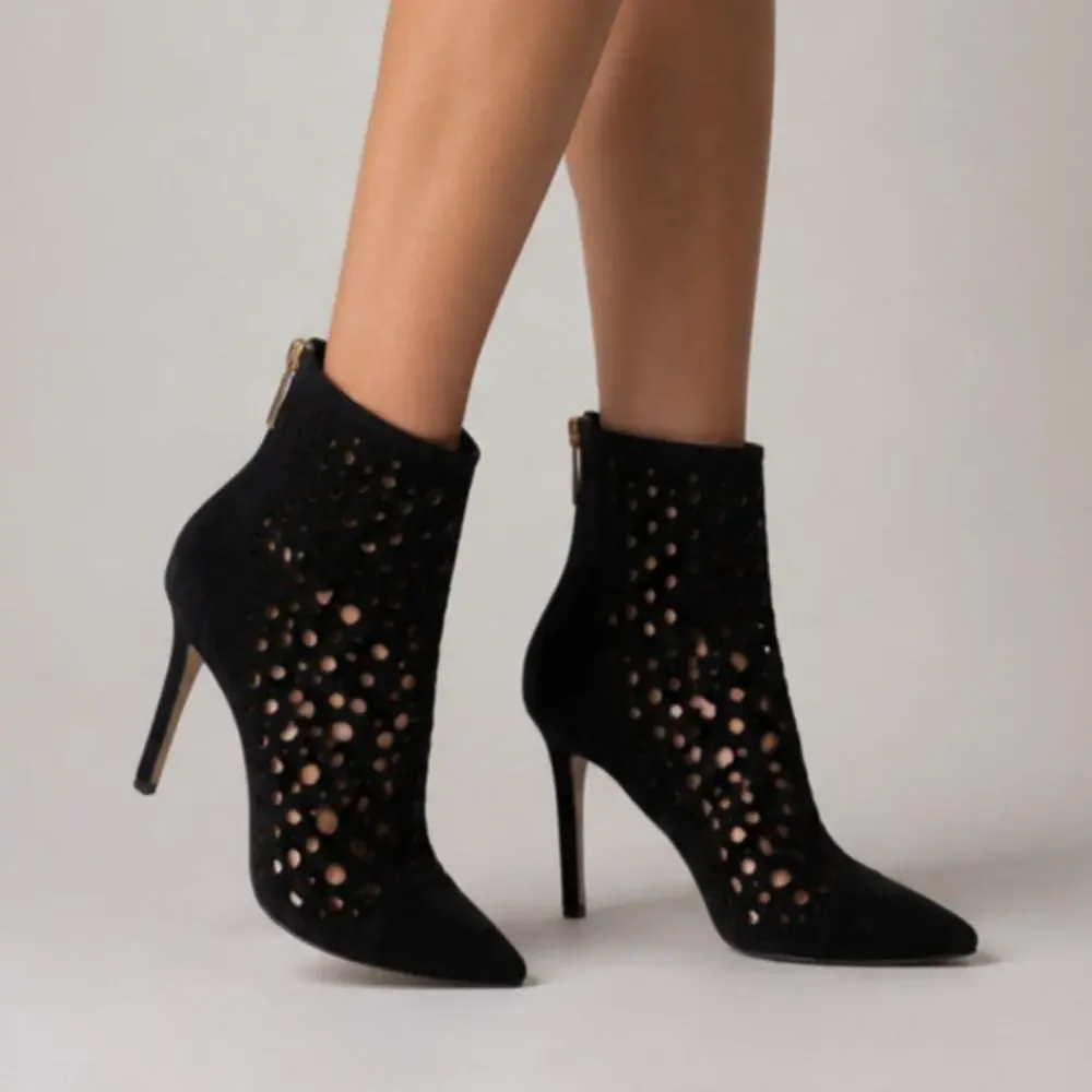 Tamara Mellon 7.5 Laser Cut Italian Suede Ankle Boots $895 Polka Dot Heels Black